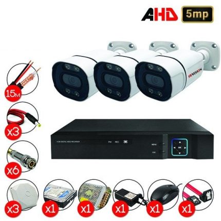پکیج دوربین مداربسته هایویژن مدل B-B4 5MP (بالت) - 3 عدد دوربین با تجهیزات کامل و آماده نصب